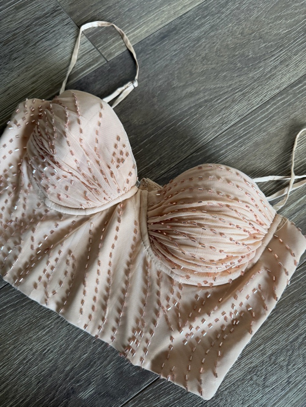 Oh Polly Blush Beige Sequin Beaded Bustier Top